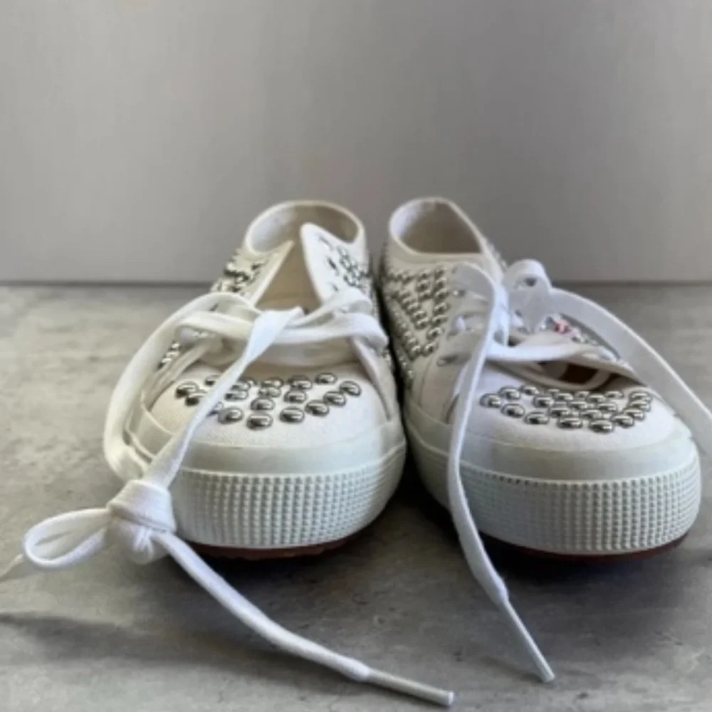 Superga White Canvas Studded Low-Top Sneakers